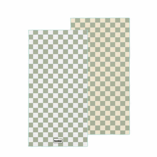 Sage escape beach towel – white background, both full sides of towel showing