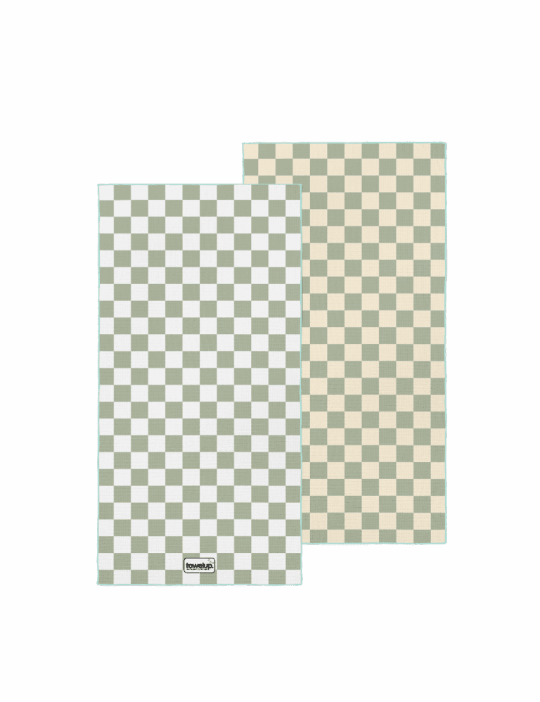 Sage escape beach towel – white background, both full sides of towel showing