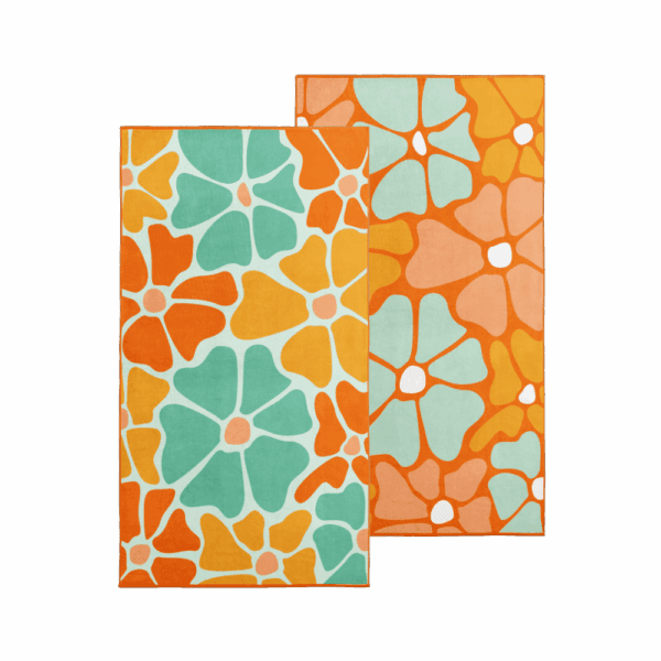 Retro floral gym towel Australia – white background, both full sides of towel showing